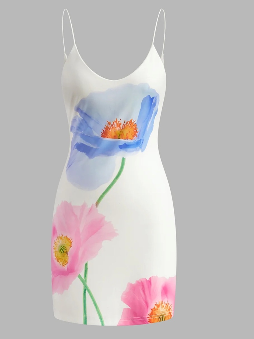 Commense White Mini Slip Dress with Blue and Pink Floral Print